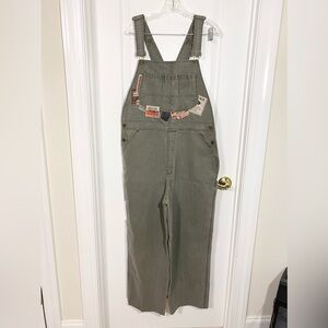 90s Bugle Boy Gold Crest Patches Carpenter Denim Overalls Vintage Olive Green 30